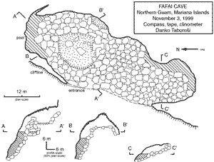 Plan and profiles of Fafai Cave – a coastal cave showing departures from the flank margin cave model, including large vertical extent, apparent progradational collapse from an unknown depth, possible submerged passages, and connections to nearby prolific coastal springs. 